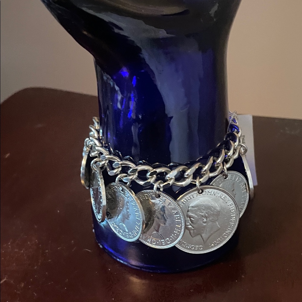 Silver Coin Charm Chain Bracelet - Chunky Link Charm Bracelet